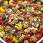 Mediterranean Chicken Stir Fry Recipe topped with feta, olives, and roasted vegetables