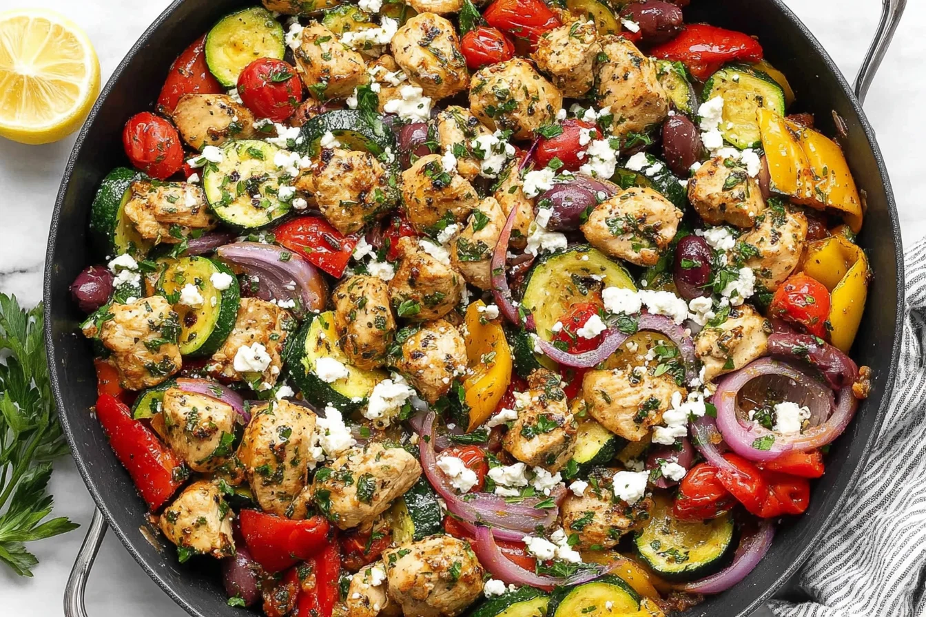 Mediterranean Chicken Stir Fry Recipe with lemon, herbs, and sautéed vegetables