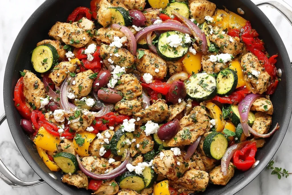 Mediterranean Chicken Stir Fry Recipe with zucchini, peppers, olives, and feta in skillet