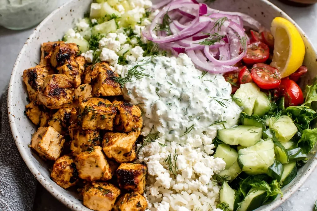 Mediterranean Lemon-Dill Chicken Bowls with rice, grilled chicken, cucumber salad, and feta cheese