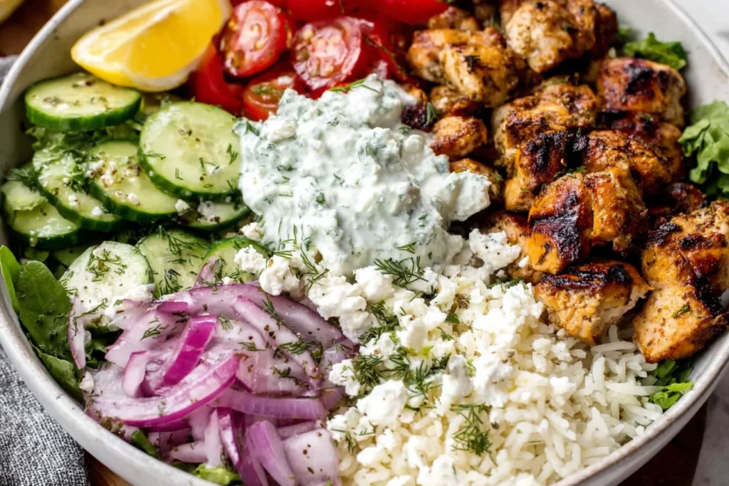 Mediterranean Lemon-Dill Chicken Bowls with grilled chicken, rice, cucumber, feta, and tzatziki