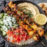 Mediterranean Rice Bowl with Grilled Chicken and fresh chopped salad with tzatziki sauce