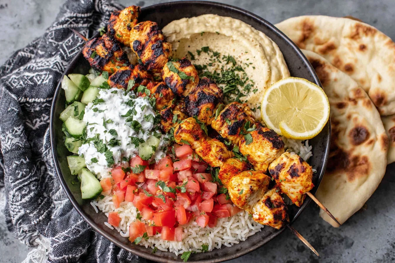 Mediterranean Rice Bowl with Grilled Chicken and fresh chopped salad with tzatziki sauce