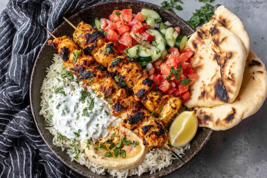 Mediterranean Rice Bowl with Grilled Chicken topped with hummus, cucumber salad, and lemon wedge
