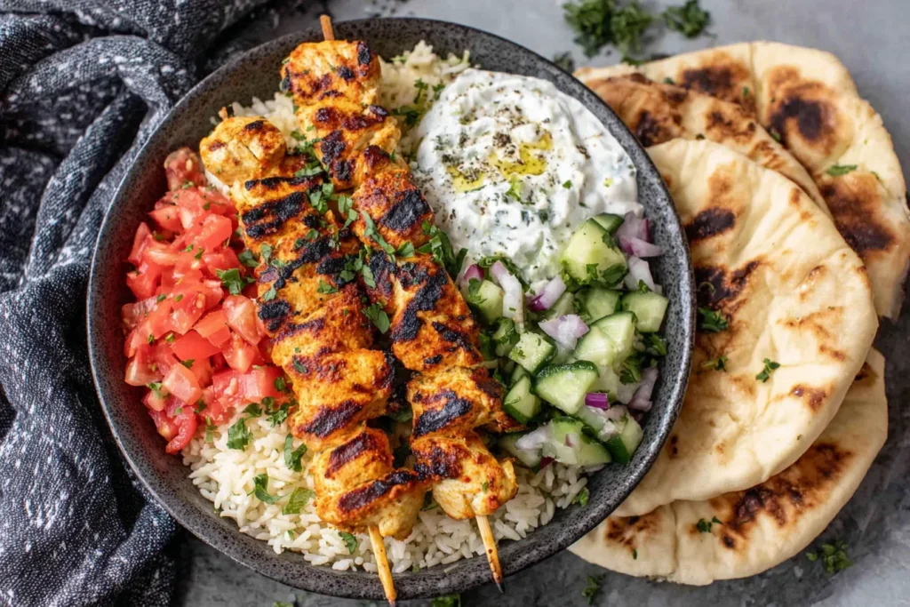 Mediterranean Rice Bowl with Grilled Chicken featuring rice, tzatziki, fresh tomatoes, and pita bread