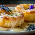 Mini Lemon Cakes with Lavender Glaze topped with edible flowers and creamy drizzle on a white plate