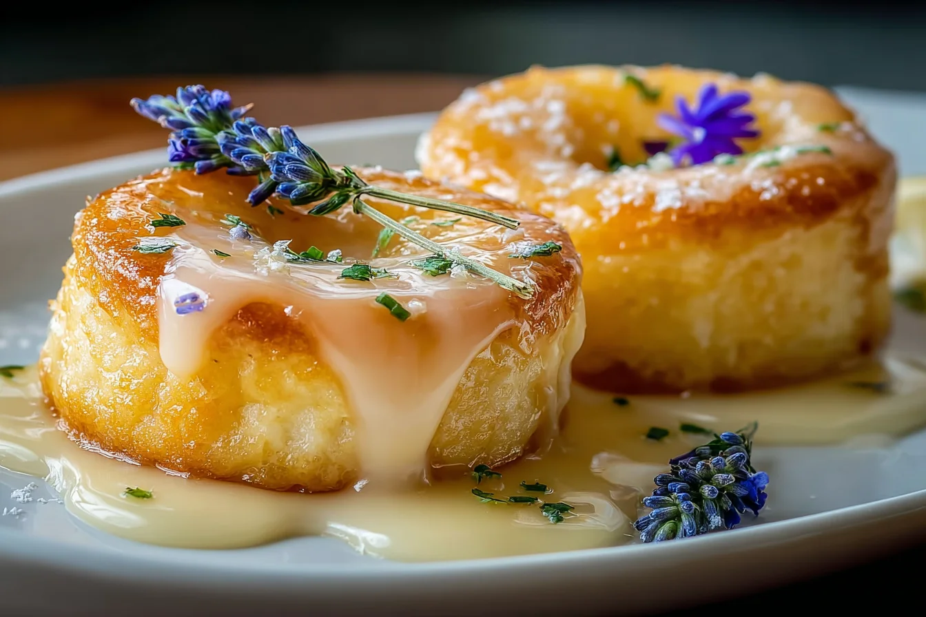 Mini Lemon Cakes with Lavender Glaze topped with edible flowers and creamy drizzle on a white plate