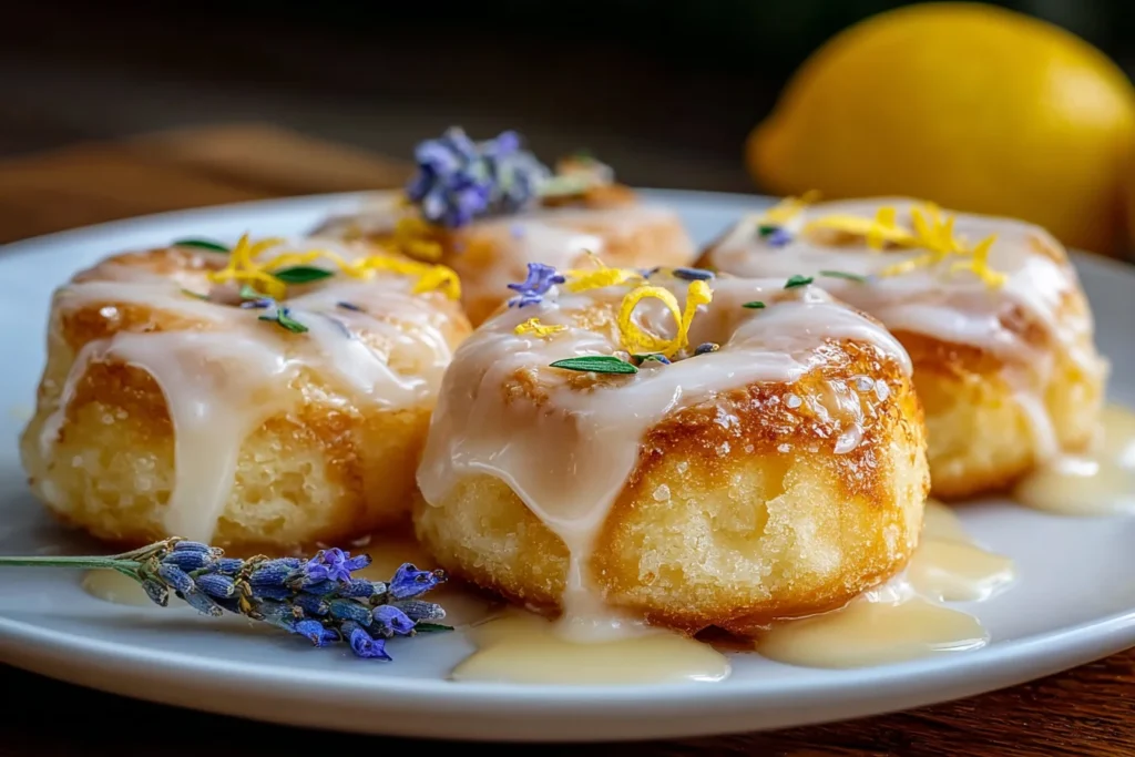 Mini Lemon Cakes with Lavender Glaze arranged on a plate with fresh lemon and lavender garnish