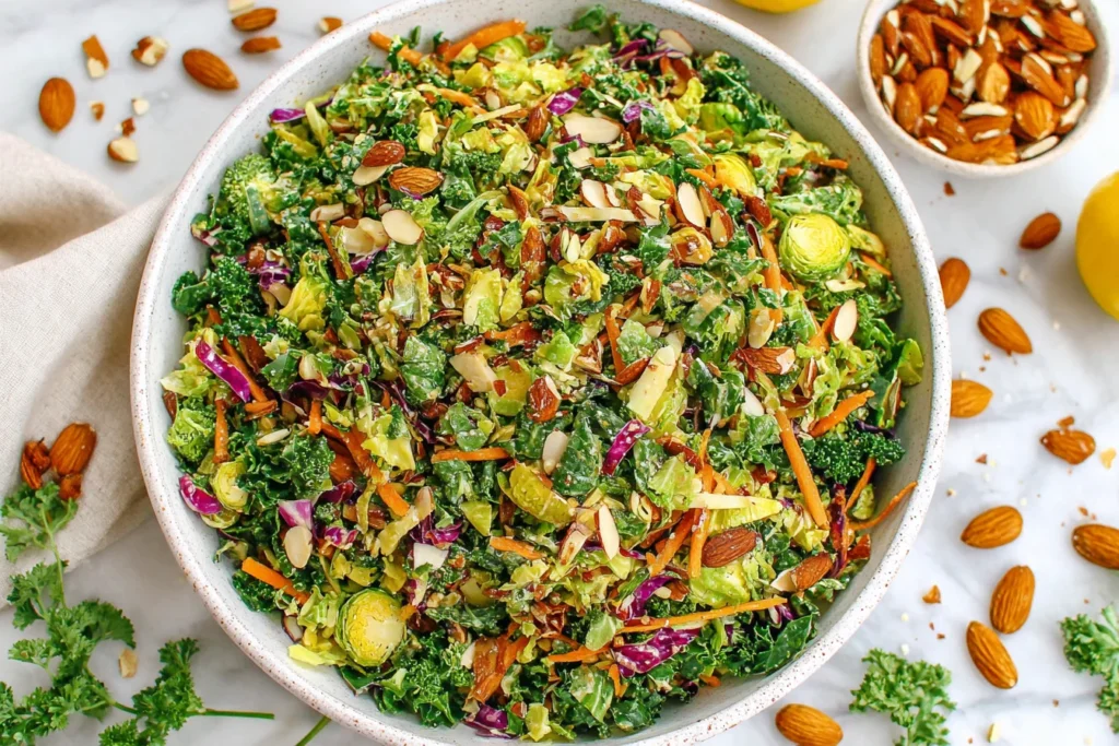 My Favorite Detox Salad loaded with fresh greens, crunchy vegetables, and sliced almonds
