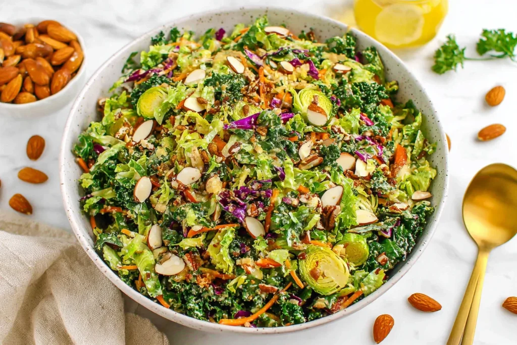 My Favorite Detox Salad with kale, Brussels sprouts, almonds, and fresh vegetables in a vibrant bowl