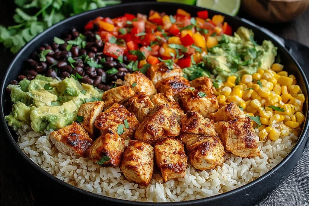 One Pan Chicken Burrito Bowl with spiced chicken, rice, black beans, corn, and avocado topping