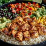 One Pan Chicken Burrito Bowl with spiced chicken, rice, black beans, corn, and avocado topping