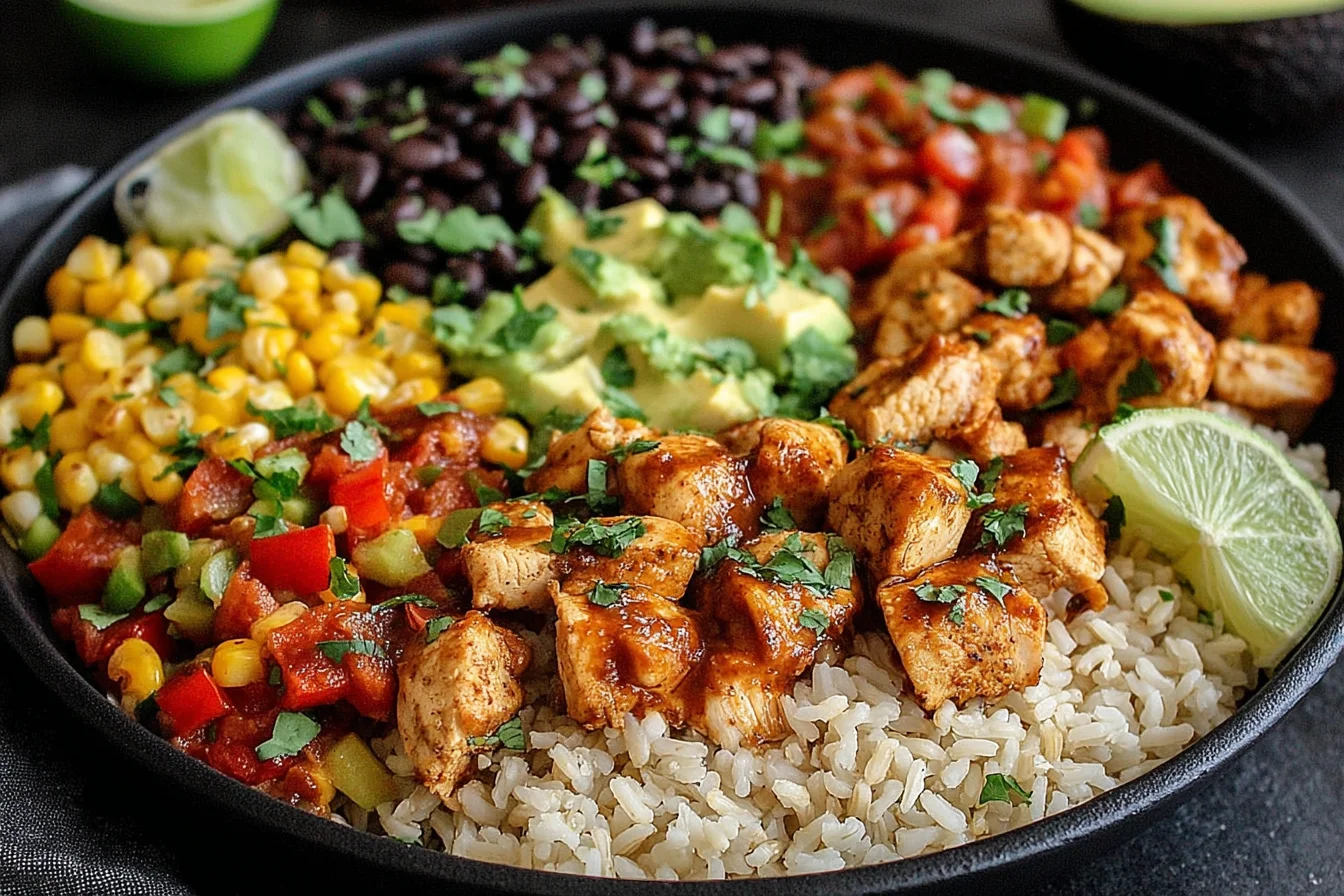 One Pan Chicken Burrito Bowl with seasoned chicken chunks, rice, salsa, and lime wedges