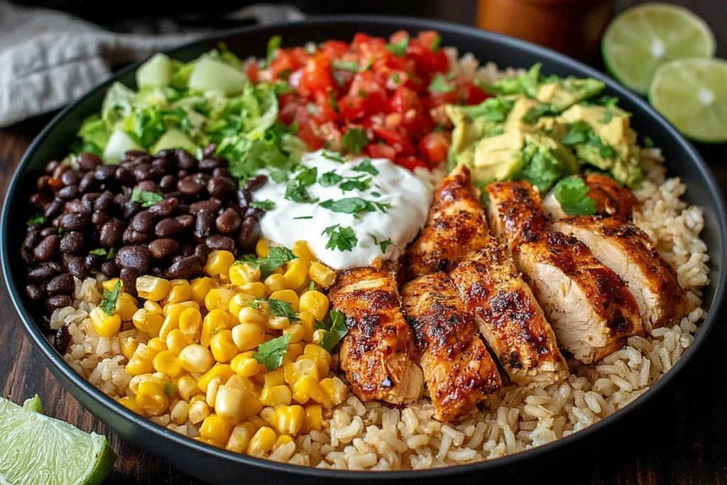 One Pan Chicken Burrito Bowl with grilled chicken, rice, black beans, corn, and avocado