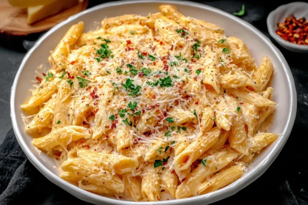 One Pot Creamy Garlic Pasta topped with Parmesan, parsley, and red pepper flakes