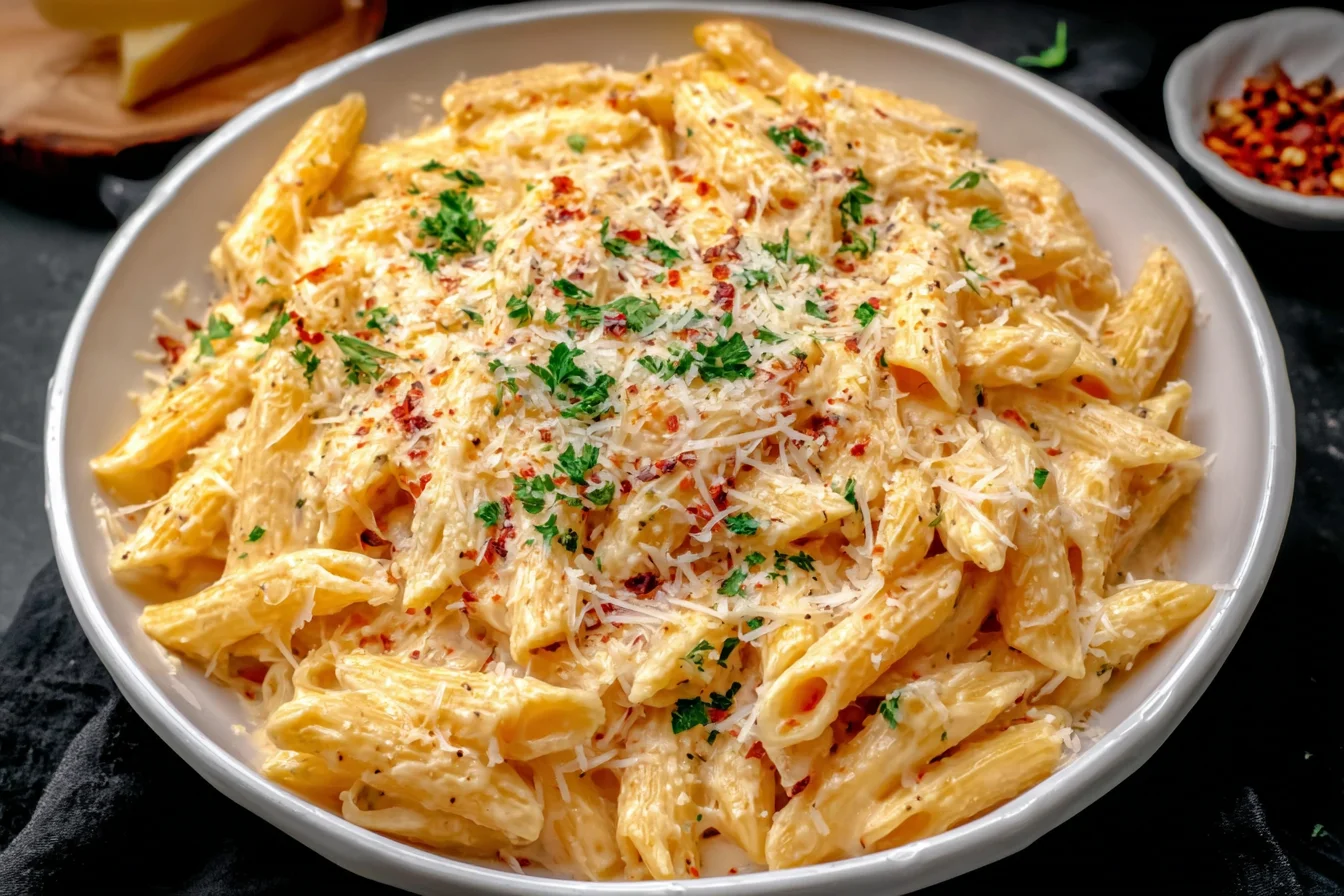One Pot Creamy Garlic Pasta topped with Parmesan, parsley, and red pepper flakes