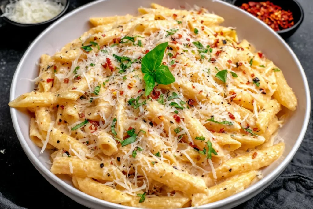 One Pot Creamy Garlic Pasta with penne, Parmesan, and fresh basil