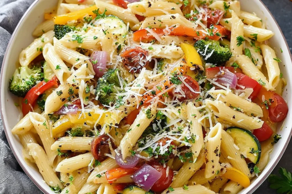 Pasta Primavera with penne, fresh vegetables, and parmesan cheese in a creamy sauce
