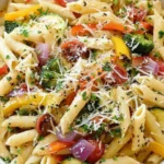 Pasta Primavera with penne, fresh vegetables, and parmesan cheese in a creamy sauce