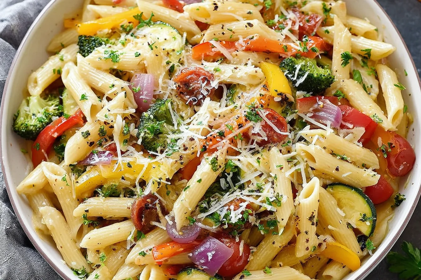 Pasta Primavera with penne, fresh vegetables, and parmesan cheese in a creamy sauce