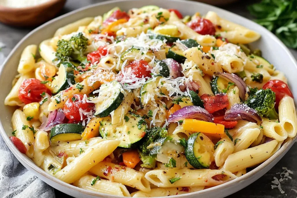 Pasta Primavera with zucchini, cherry tomatoes, broccoli, and parmesan in a light garlic sauce