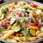 Pasta Primavera with zucchini, cherry tomatoes, broccoli, and parmesan in a light garlic sauce