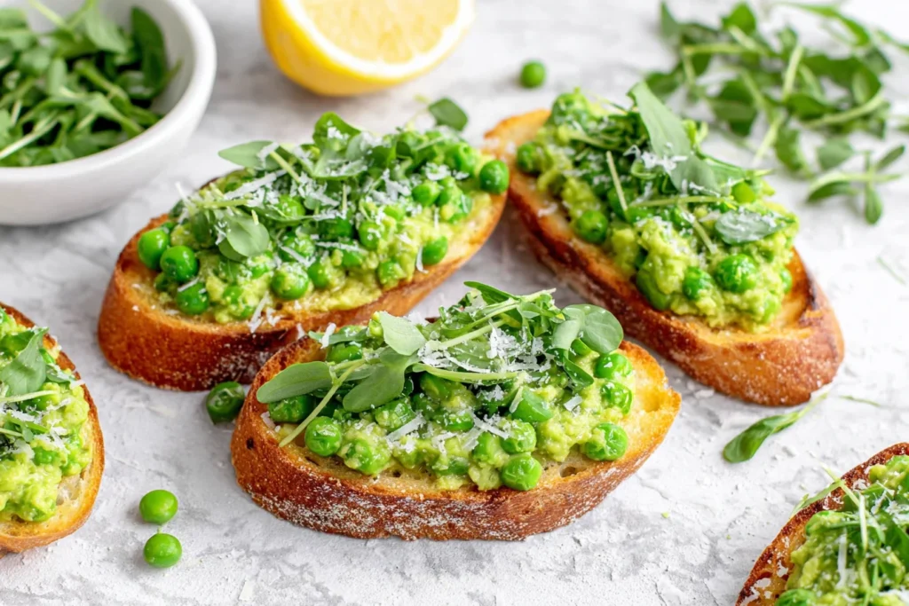 Pea Bruschetta Recipe (Pea Crostini) with chunky pea topping lemon zest and parmesan on toasted bread