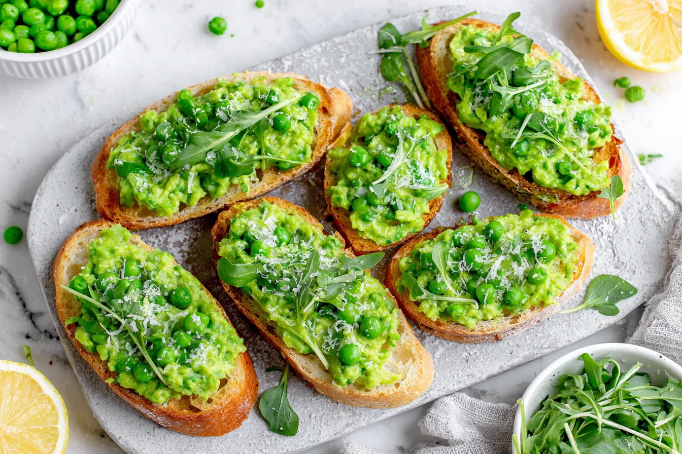 Pea Bruschetta Recipe (Pea Crostini) with mashed peas parmesan and arugula on toasted bread