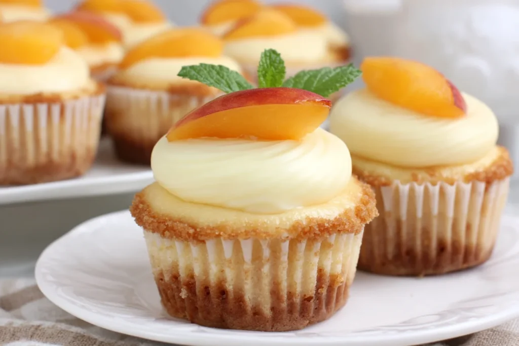 Peach & Honey Cheesecake Cupcakes with creamy filling and graham crust topped with peach slices
