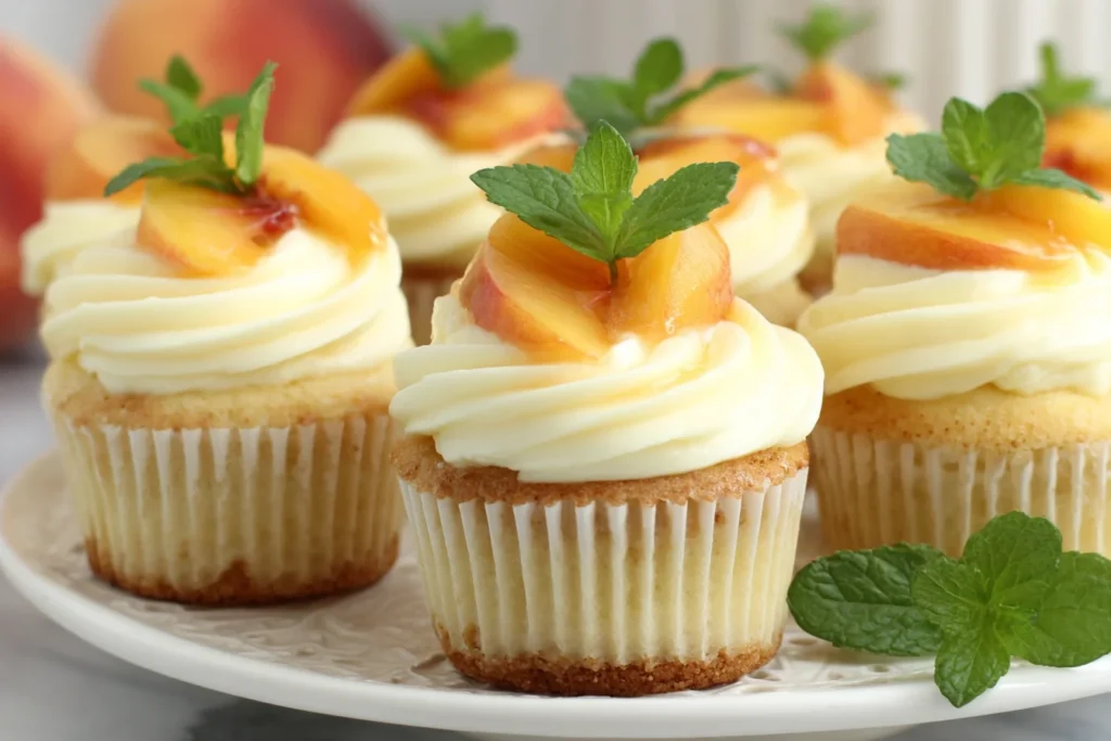 Peach & Honey Cheesecake Cupcakes topped with fresh peach slices and mint on a white plate