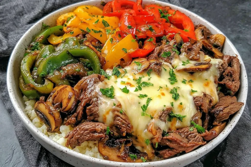 Philly Cheesesteak Bowls served over cauliflower rice with beef and melted cheese
