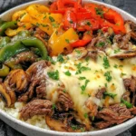 Philly Cheesesteak Bowls served over cauliflower rice with beef and melted cheese