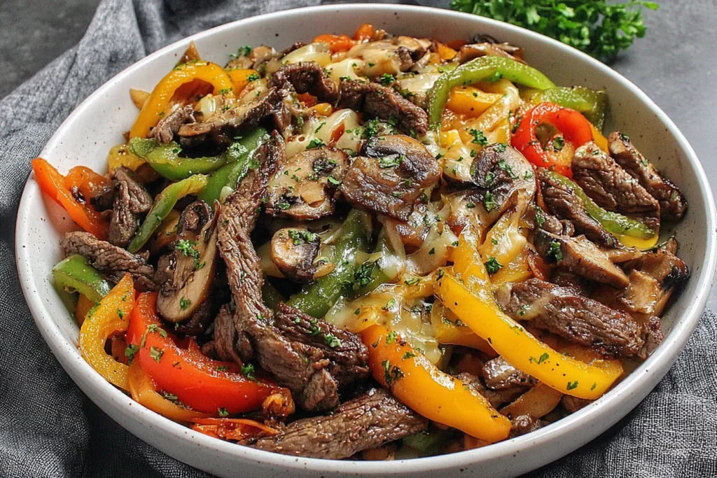 Philly Cheesesteak Bowls with sautéed vegetables and seasoned beef strips