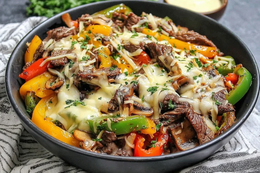 Philly Cheesesteak Bowls with beef, peppers, mushrooms, and melted provolone cheese