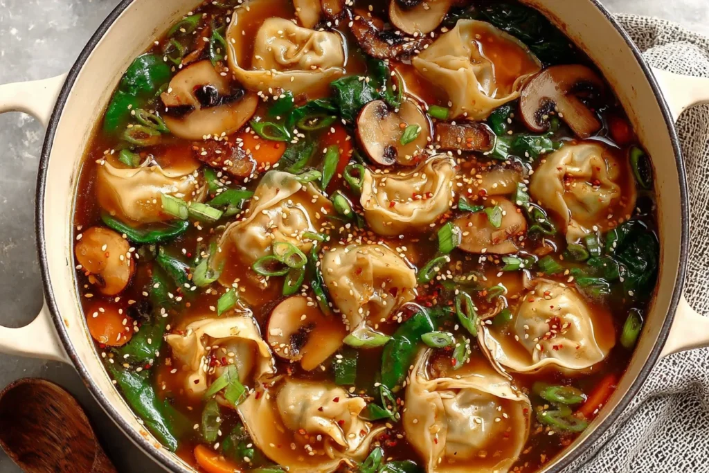 Potsticker Soup with dumplings, mushrooms, and spinach in savory broth