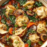 Potsticker Soup topped with green onions and sesame seeds in hearty broth