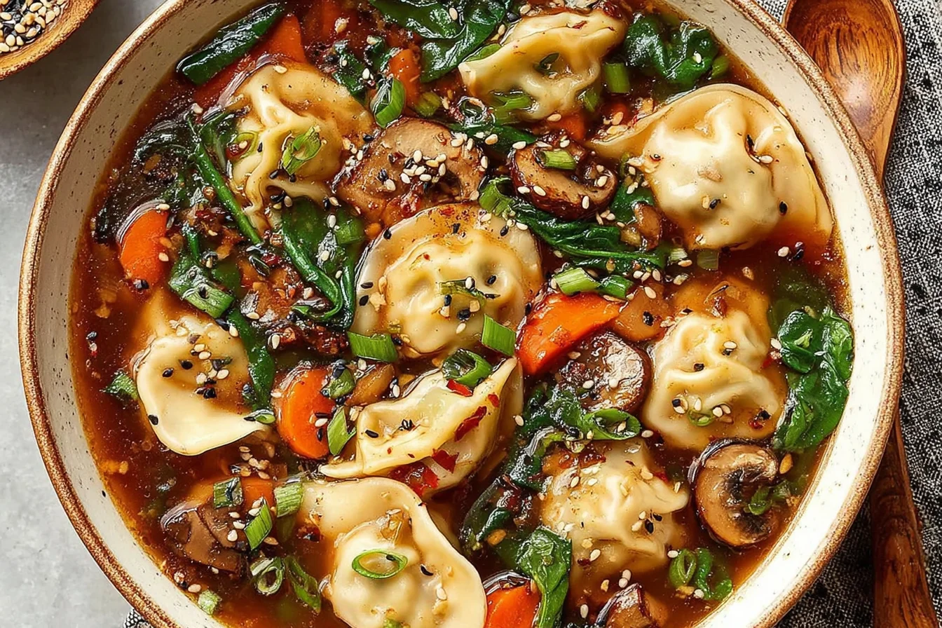 Potsticker Soup topped with green onions and sesame seeds in hearty broth
