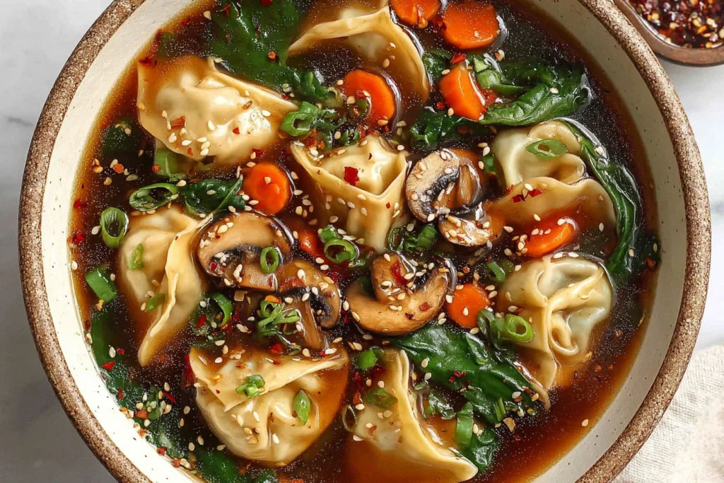 Potsticker Soup with vegetables and dumplings in rich homemade broth