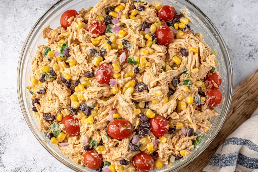 Quick Southwest Chicken Salad Recipe close-up with shredded chicken, sweet corn, black beans, and cherry tomatoes