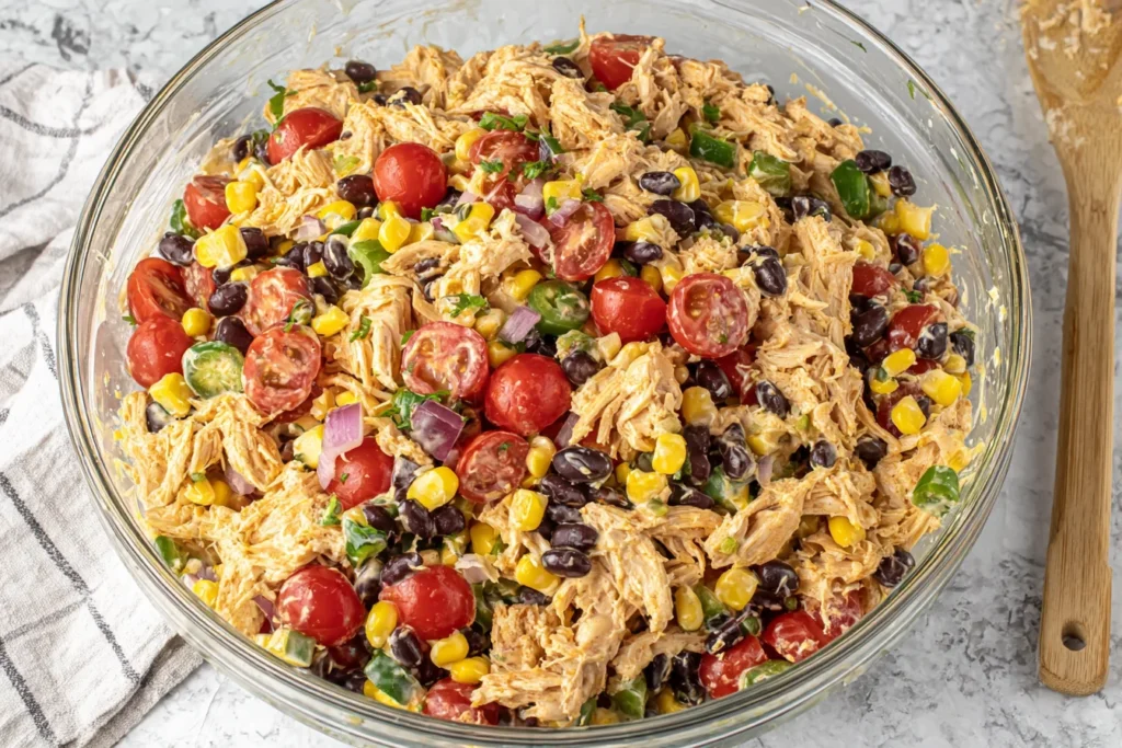 Quick Southwest Chicken Salad Recipe mixed in a glass bowl with shredded chicken, corn, black beans, and vegetables
