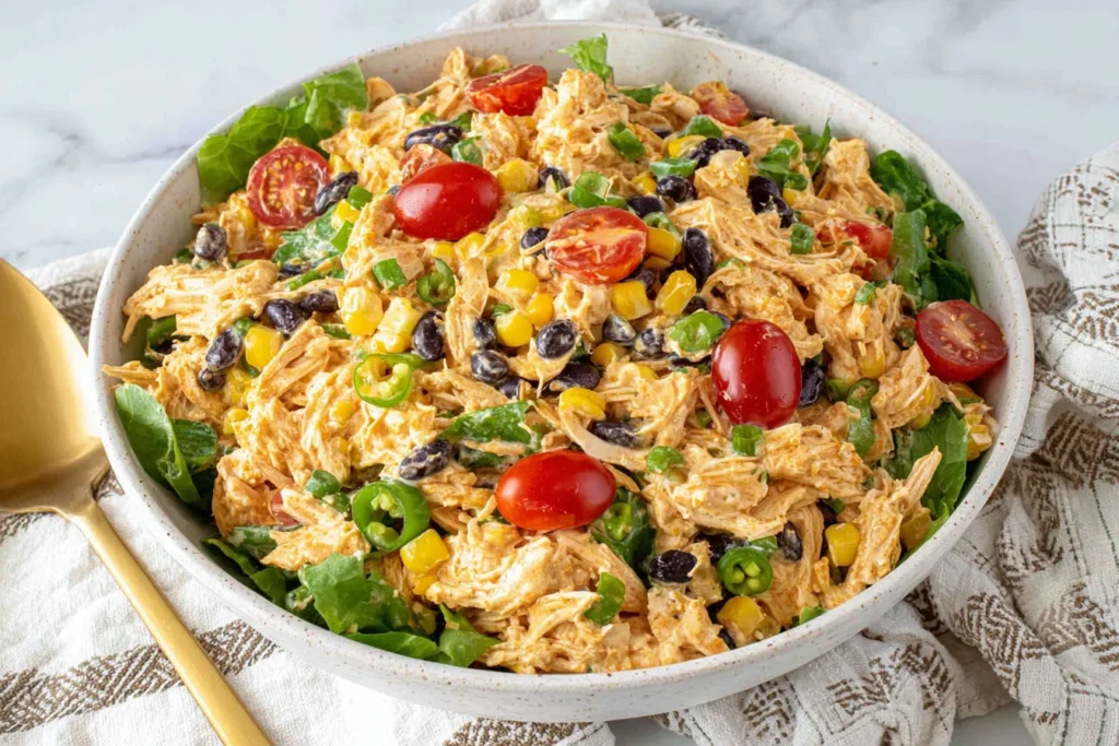 Quick Southwest Chicken Salad Recipe served in a bowl with lettuce, black beans, corn, and cherry tomatoes