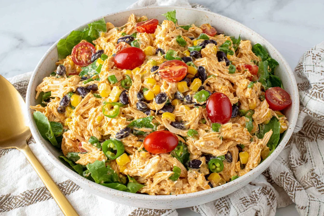 Quick Southwest Chicken Salad Recipe served in a bowl with lettuce, black beans, corn, and cherry tomatoes