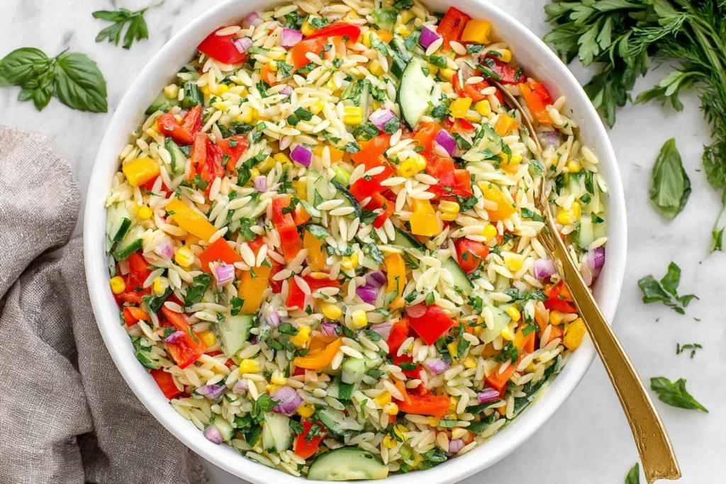Rainbow Orzo Salad with fresh vegetables, herbs, and lemon dressing in a bowl