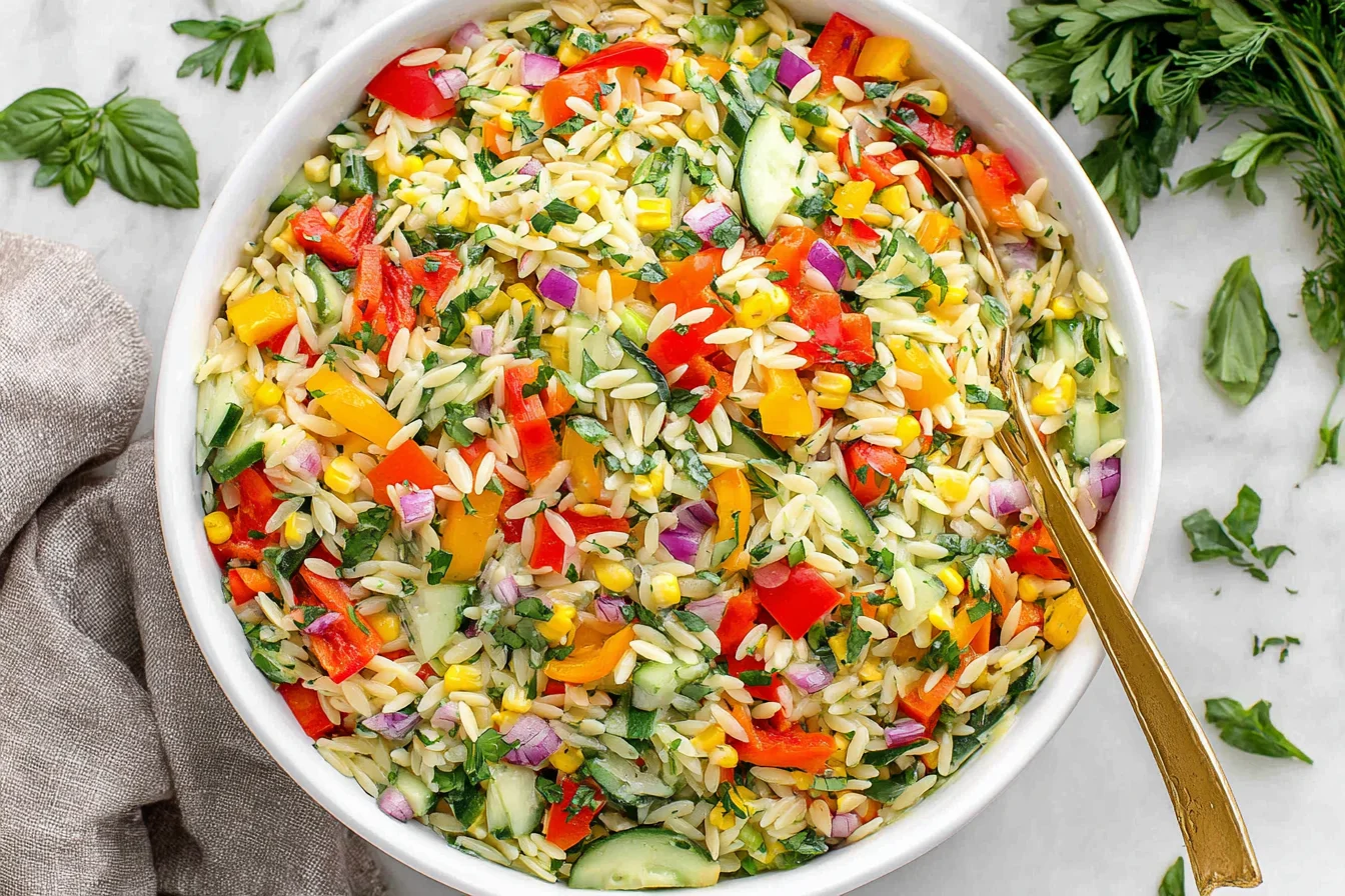 Rainbow Orzo Salad with fresh vegetables, herbs, and lemon dressing in a bowl