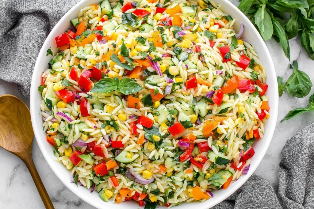 Colorful Rainbow Orzo Salad with basil, cucumber, peppers, and corn