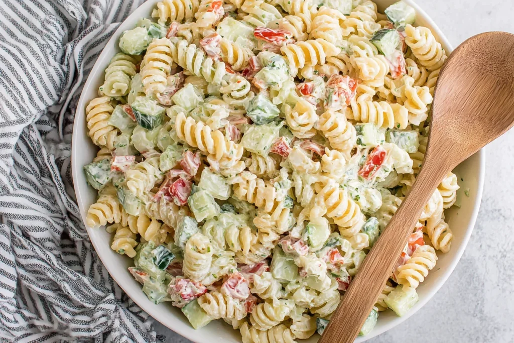 Homemade Ranch Pasta Salad with rotini, cucumbers, and peppers in creamy dressing