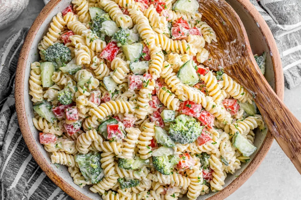 Ranch Pasta Salad tossed with fresh vegetables and creamy dressing in a serving bowl