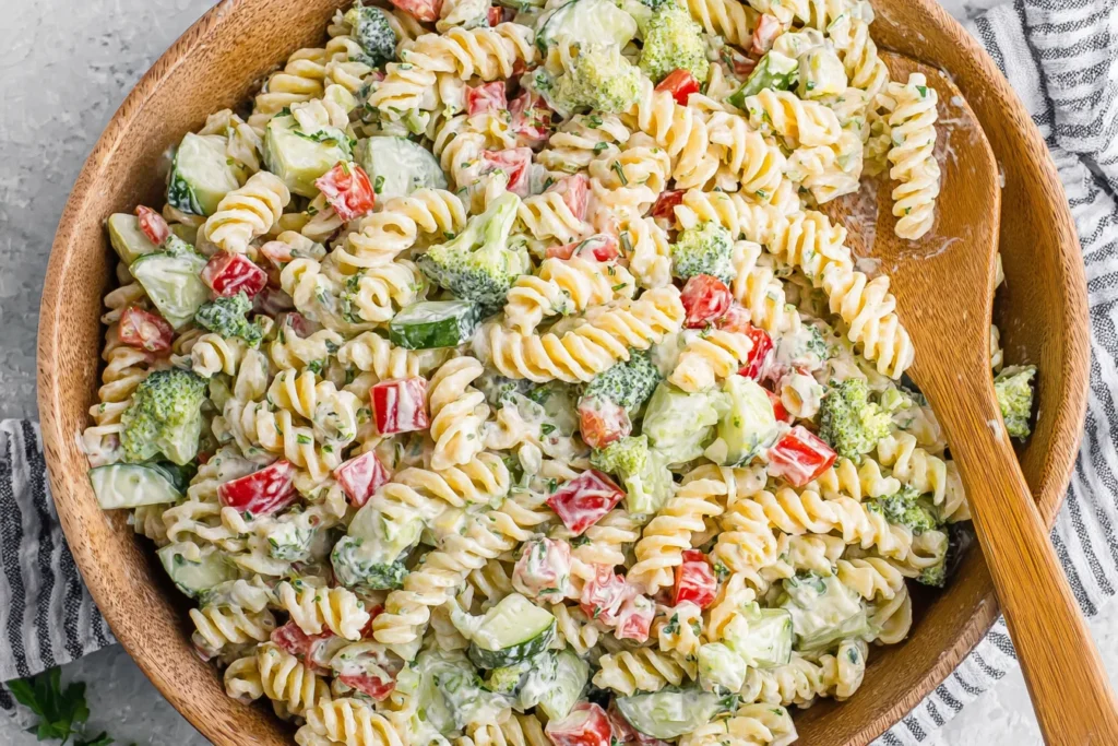 Creamy Ranch Pasta Salad with rotini, fresh vegetables, and herbs in a wooden bowl