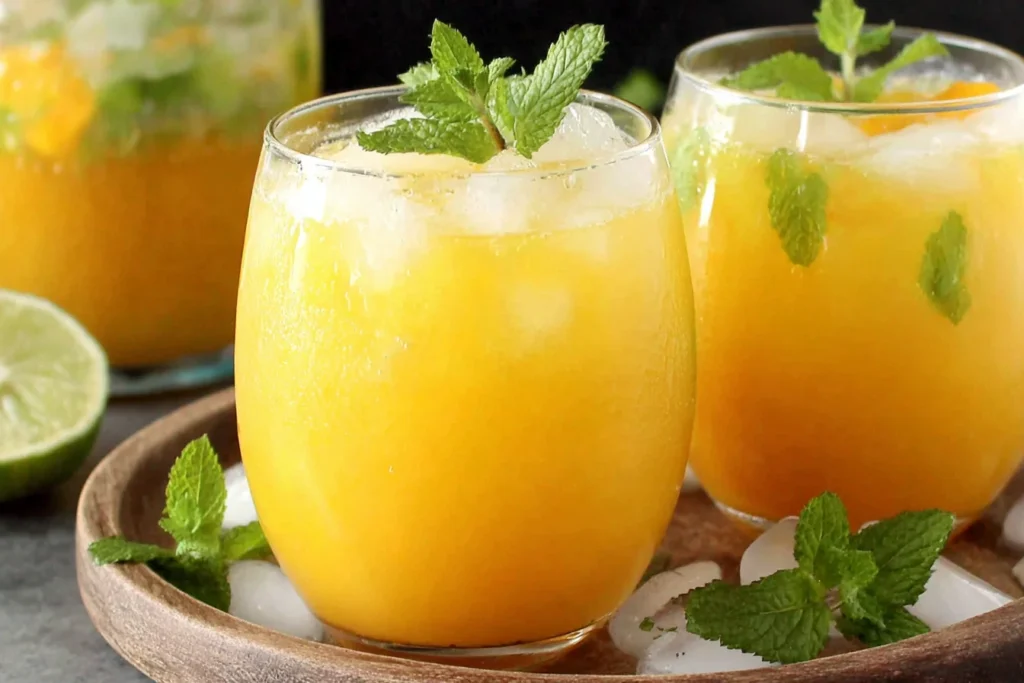 Refreshing Homemade Mango Lemonade in round glasses with mint garnish and ice