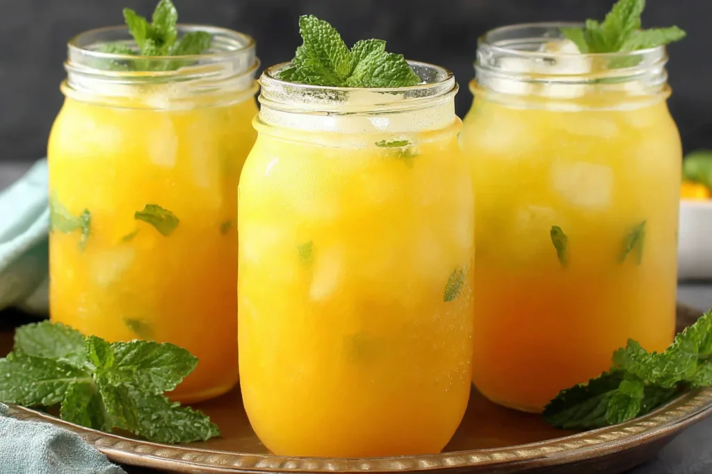 Refreshing Homemade Mango Lemonade served in mason jars with fresh mint and ice